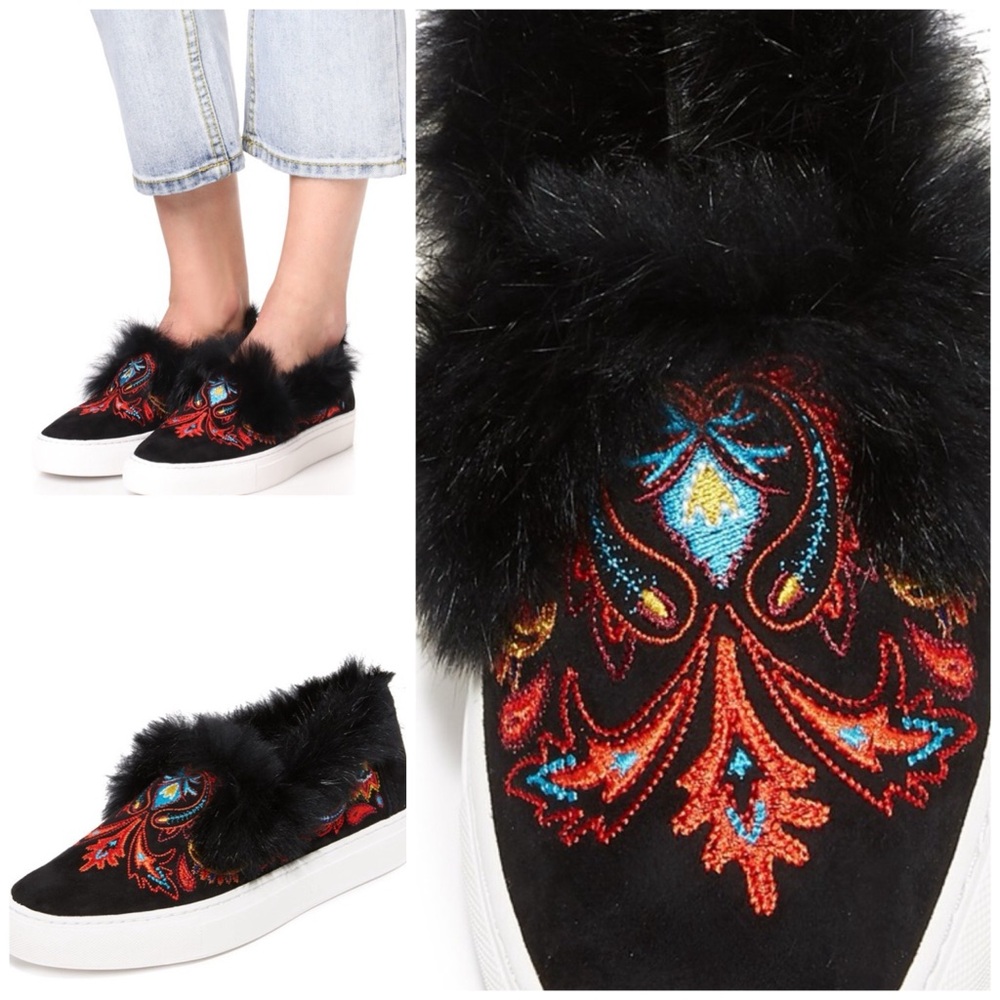 Rachel Zoe Burke Sneakers Slip On Leather Suede Fur Multicolor Black Sz 6 NIB